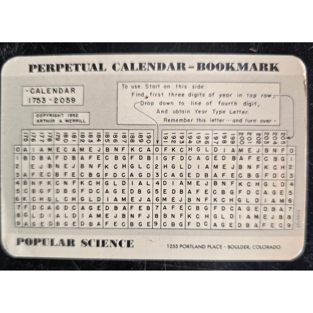 Vintage '52 Popular Science Perpetual Calendar Bookmark 1753-2059 Arthur Merrill